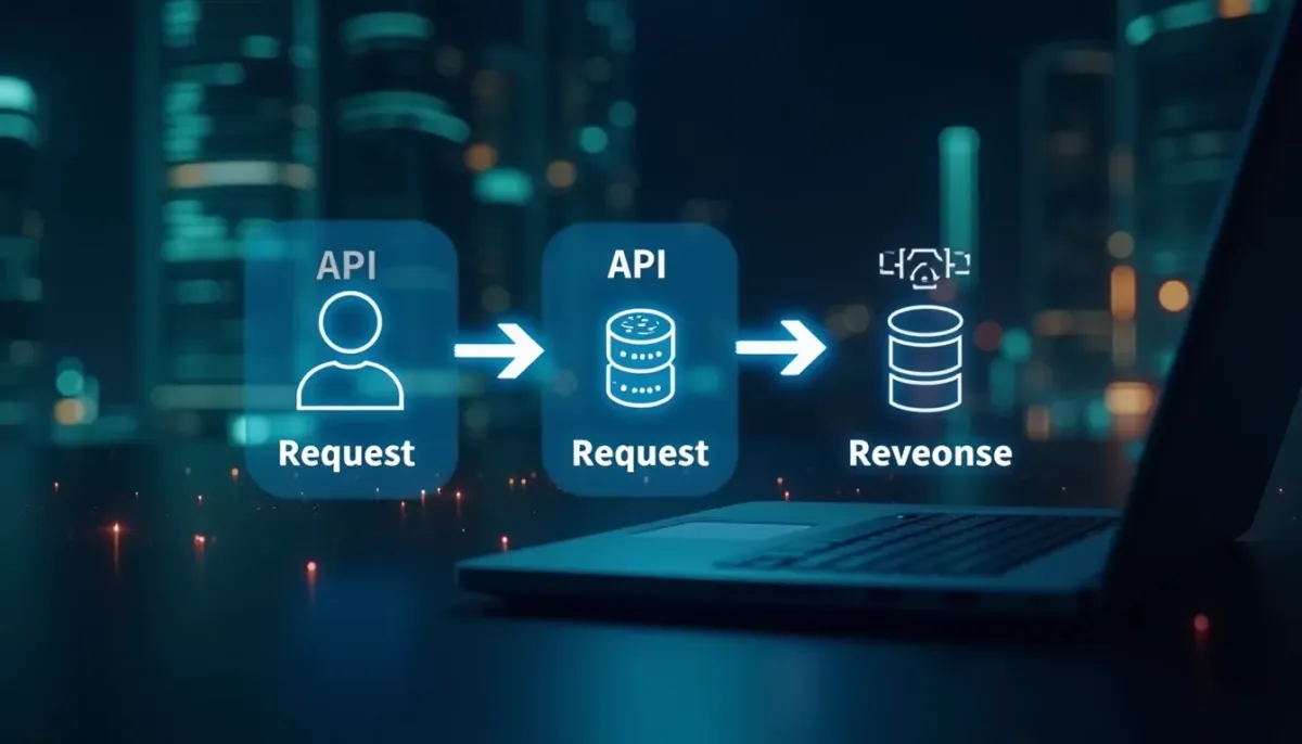A simple diagram illustrating the API flow: User (Laptop) -> Request Arrow -> API Icon -> Request Arrow -> Server/Database. Then the reverse path showing the Response.