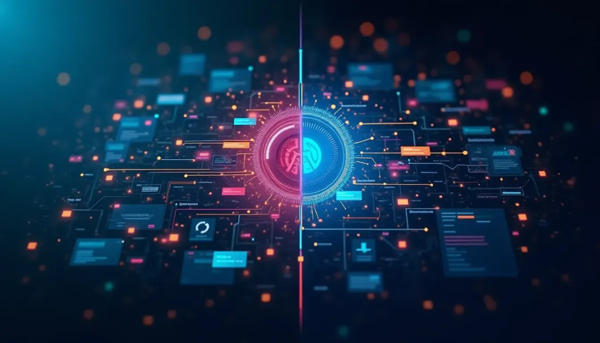 An infographic split in half. The left side is colorful and labeled 'Frontend (User Browser)' showing buttons and forms. The right side is darker and structured labeled 'Backend (Server)' showing databases and gears. Arrows connect them.
