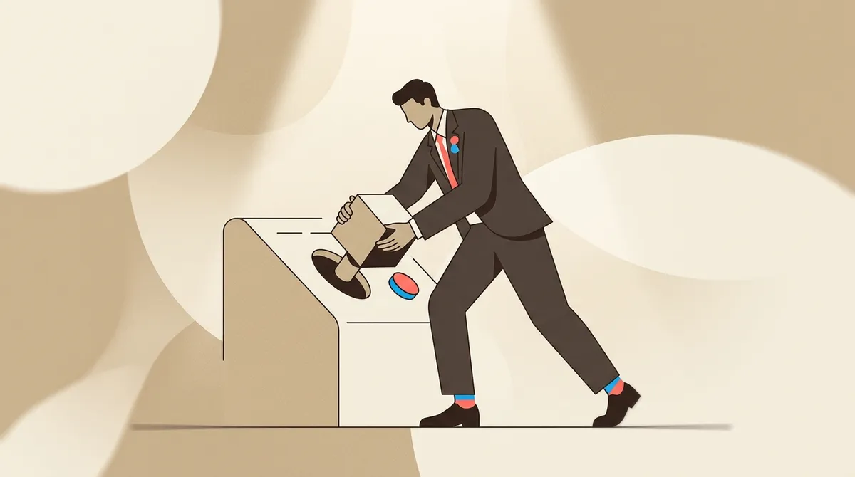 A minimal editorial illustration of a business person trying to fit a square peg into a round hole, representing software that doesn't quite fit.