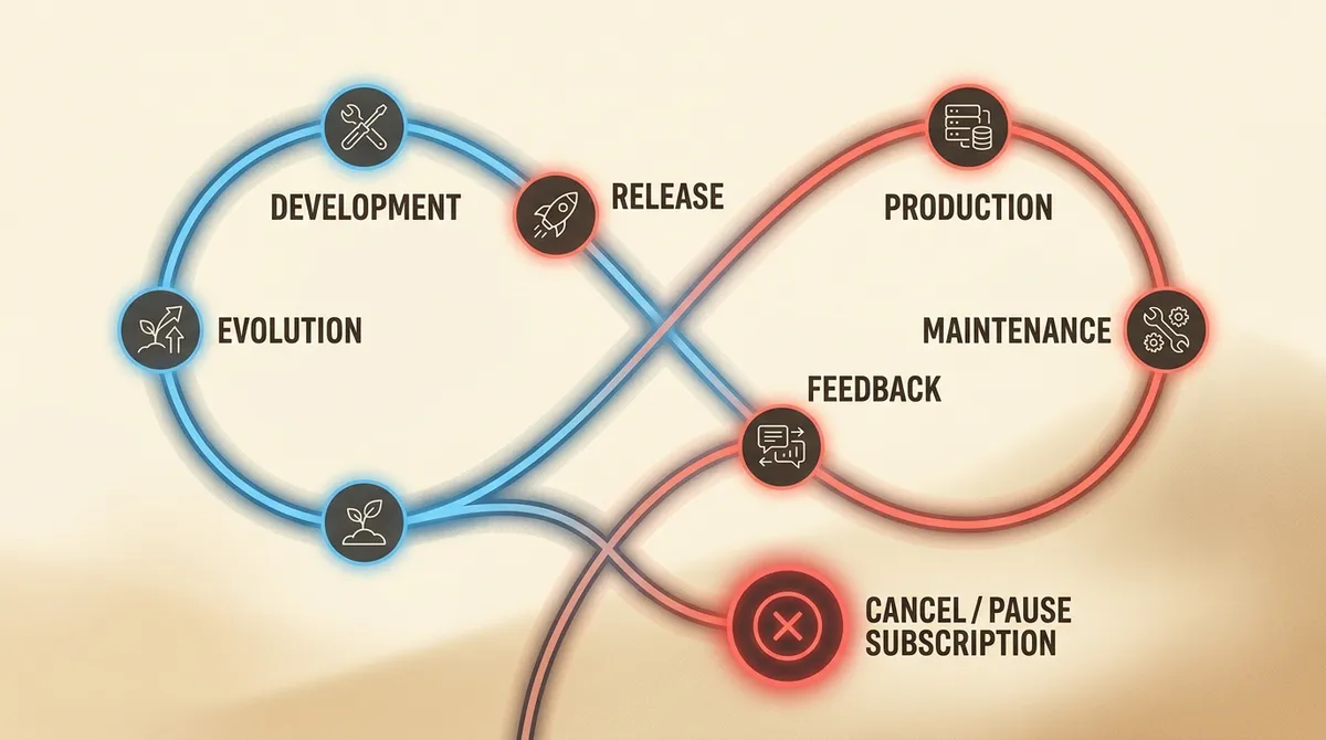A clean, simple diagram illustrating a continuous loop of software development, maintenance, and evolution, with a 'pause/cancel' option, representing a subscription model.