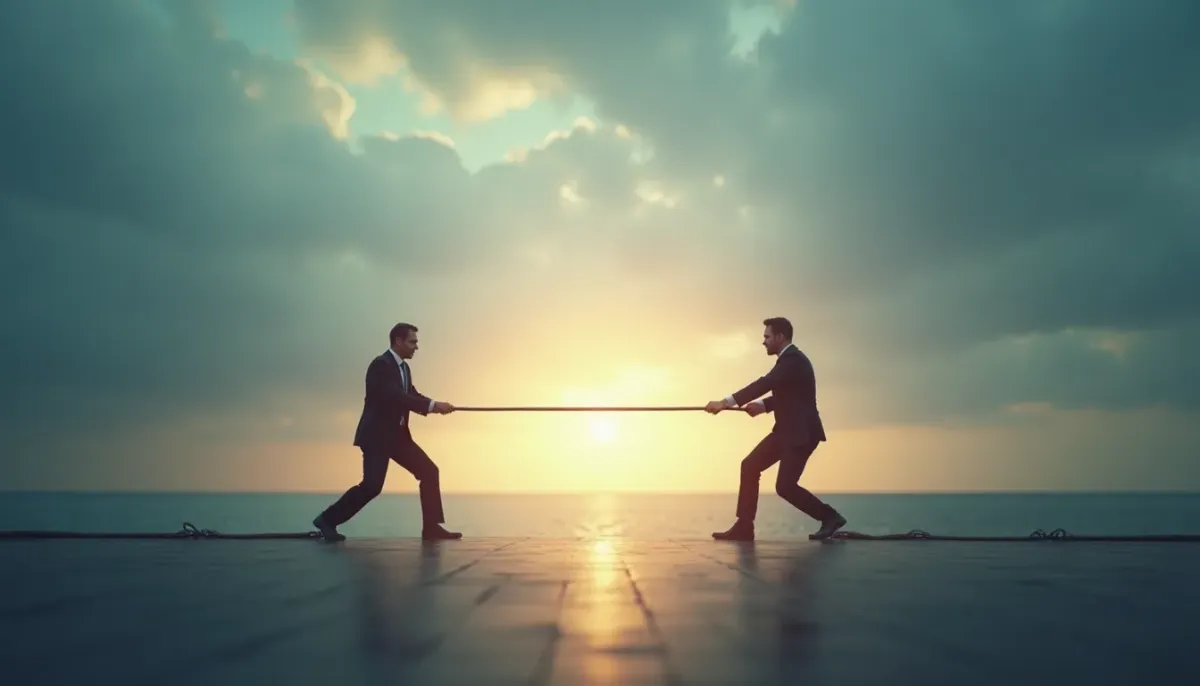 A minimalist illustration of two people pulling a heavy rope in opposite directions, symbolizing the friction between a business owner's needs and an agency's fixed-scope contract.